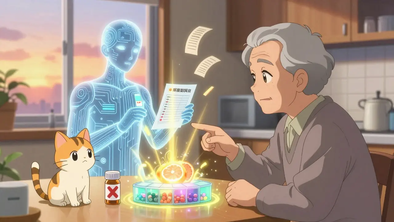 An elderly person uses a glowing pill organizer while a talking cat and AI avatar help them safely manage medications at home.