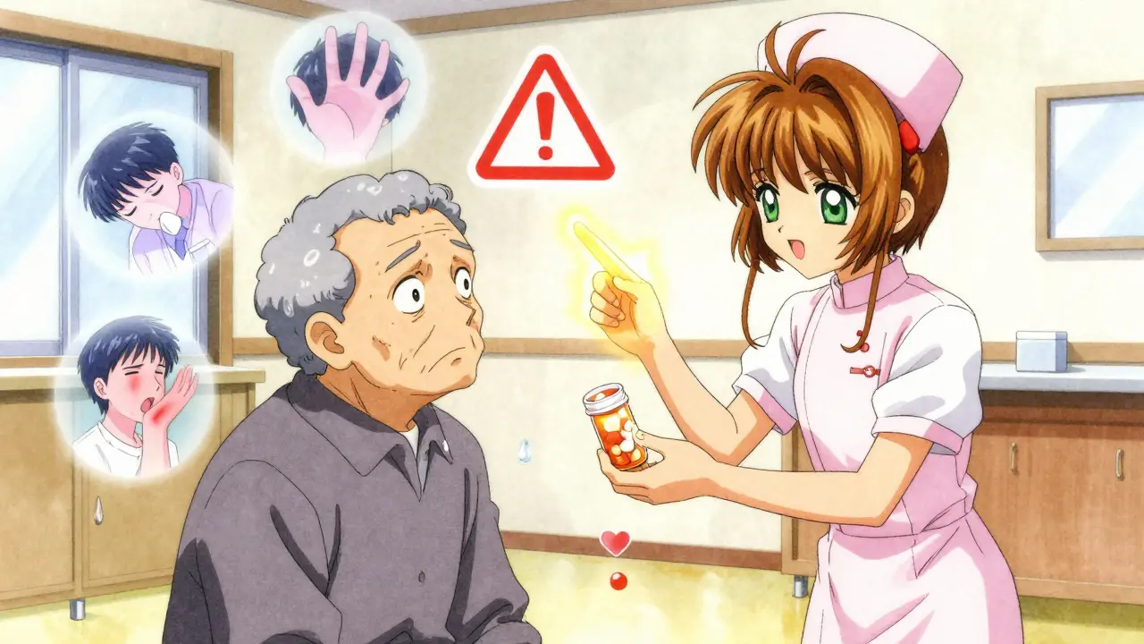 An elderly senior receives the wrong pill, with ghostly warning images and a tear turning into a heart.