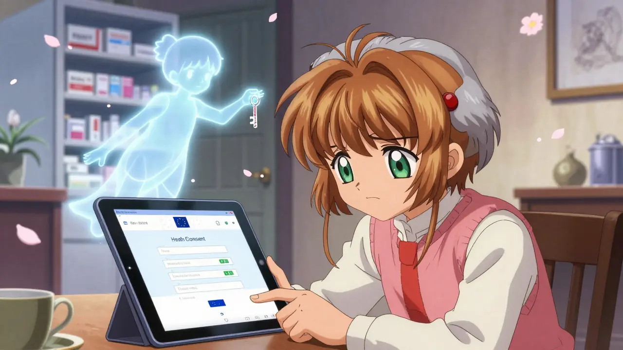 An elderly woman struggles with a digital health portal while a luminous guardian offers a key labeled 'Consent'.