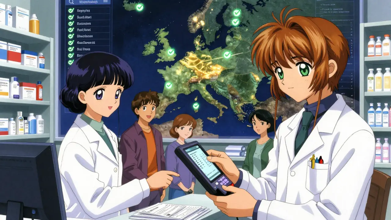 Bilingual pharmacists in a border pharmacy scan digital prescriptions as a glowing map connects all EU countries.
