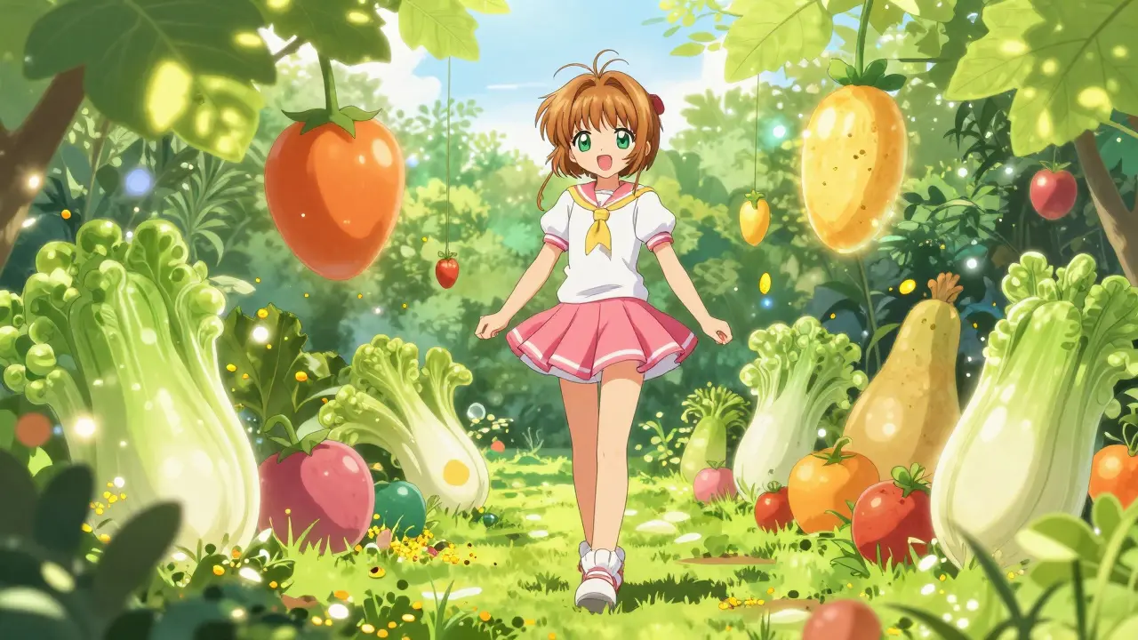 Cheerful character walking among floating fresh vegetables
