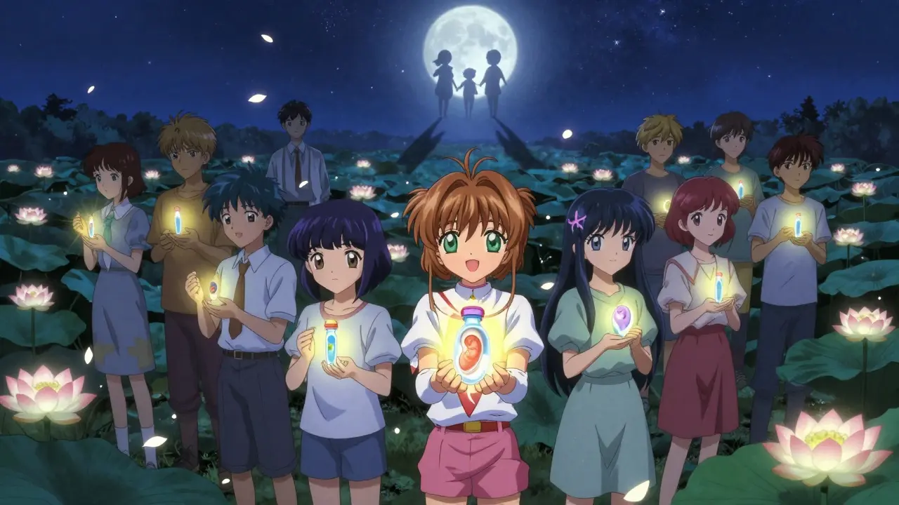 Diverse young patients hold glowing fertility keepsakes, standing together in a starlit garden with lotuses and a bridge of light to their future.