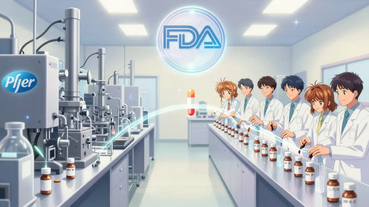 Identical drug production lines side by side, one with brand name, one without, connected by glowing threads in a magical laboratory.