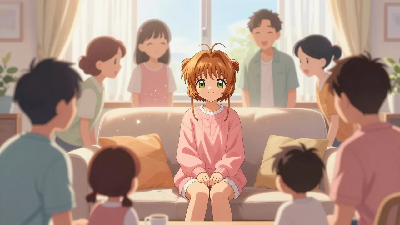 Patient seated on sofa surrounded by protective family silhouettes in warm light.