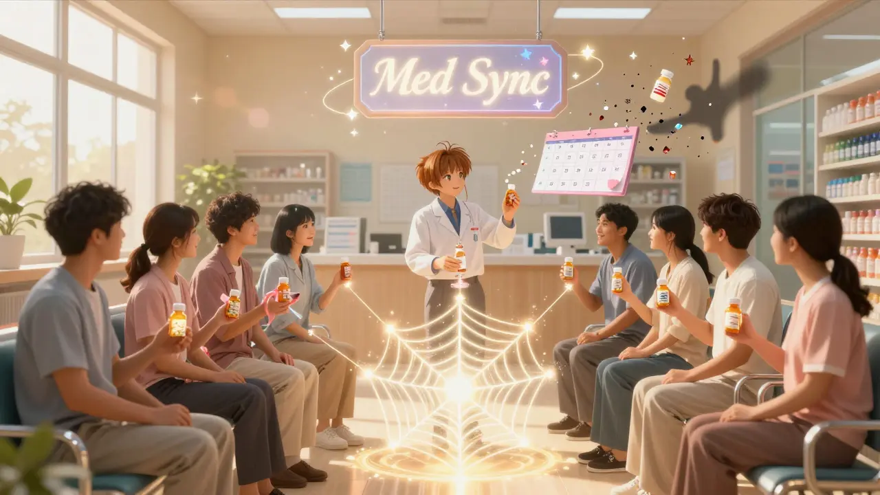 Patients in a pharmacy with glowing ribbons connecting to a central Med Sync web, under a floating magical sign.