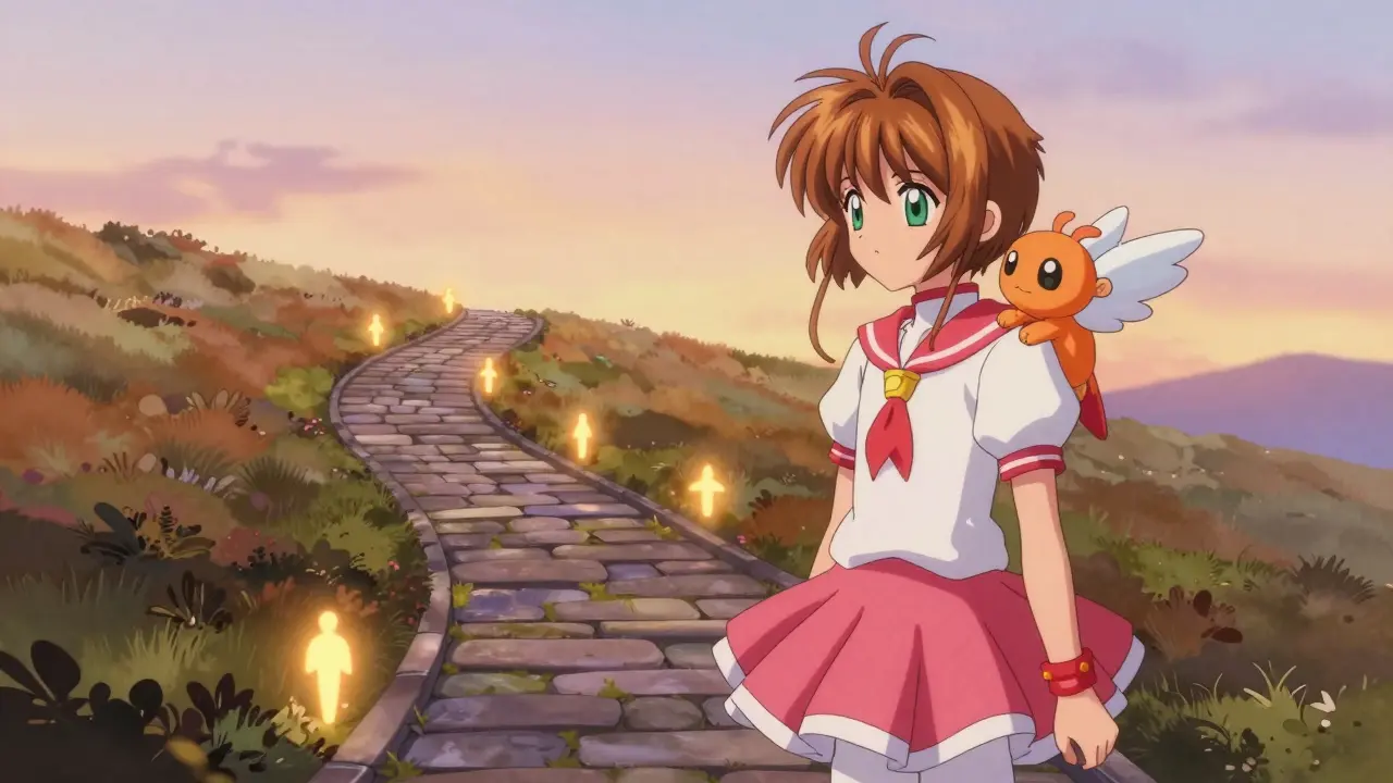 Protagonist on a path with a winged creature companion