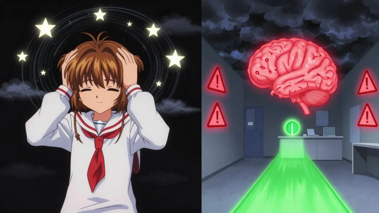 Two contrasting scenes: dizziness as floating clouds vs. vertigo with brain warning signs, in anime style.