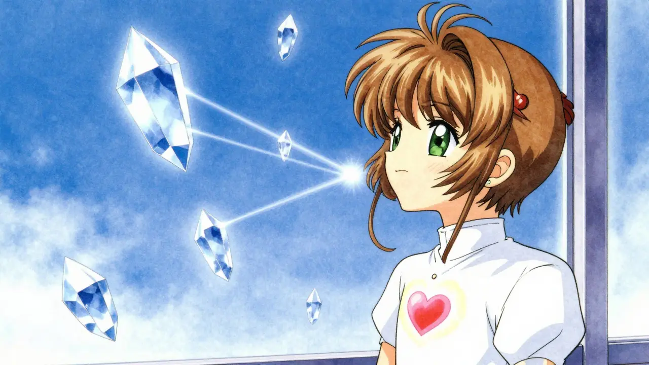 Woman gazing at blue sky with floating crystals representing future medical hope.