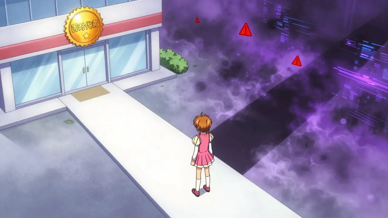 A character choosing between a certified pharmacy and a mysterious, dark rogue pharmacy.