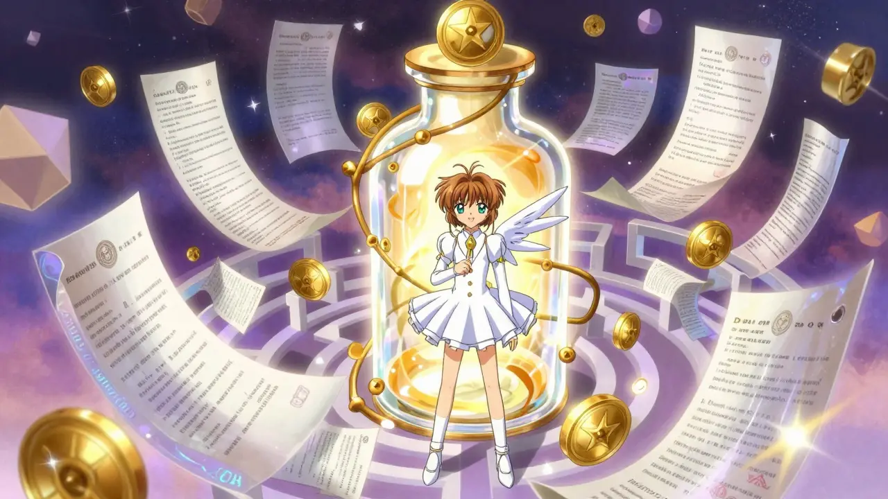 A character facing a magical labyrinth of shimmering scrolls and golden seals surrounding a medicine bottle.