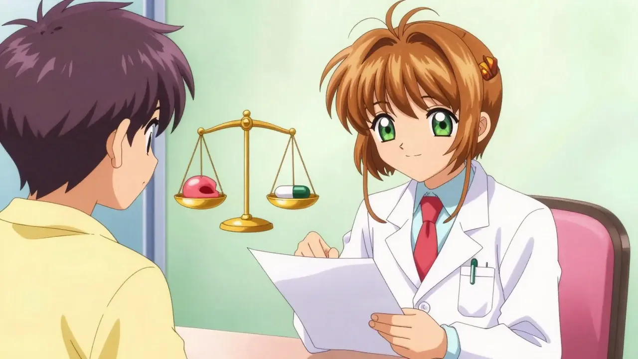 A gentle anime doctor and patient with a floating magical scale balancing a thyroid and a pill.