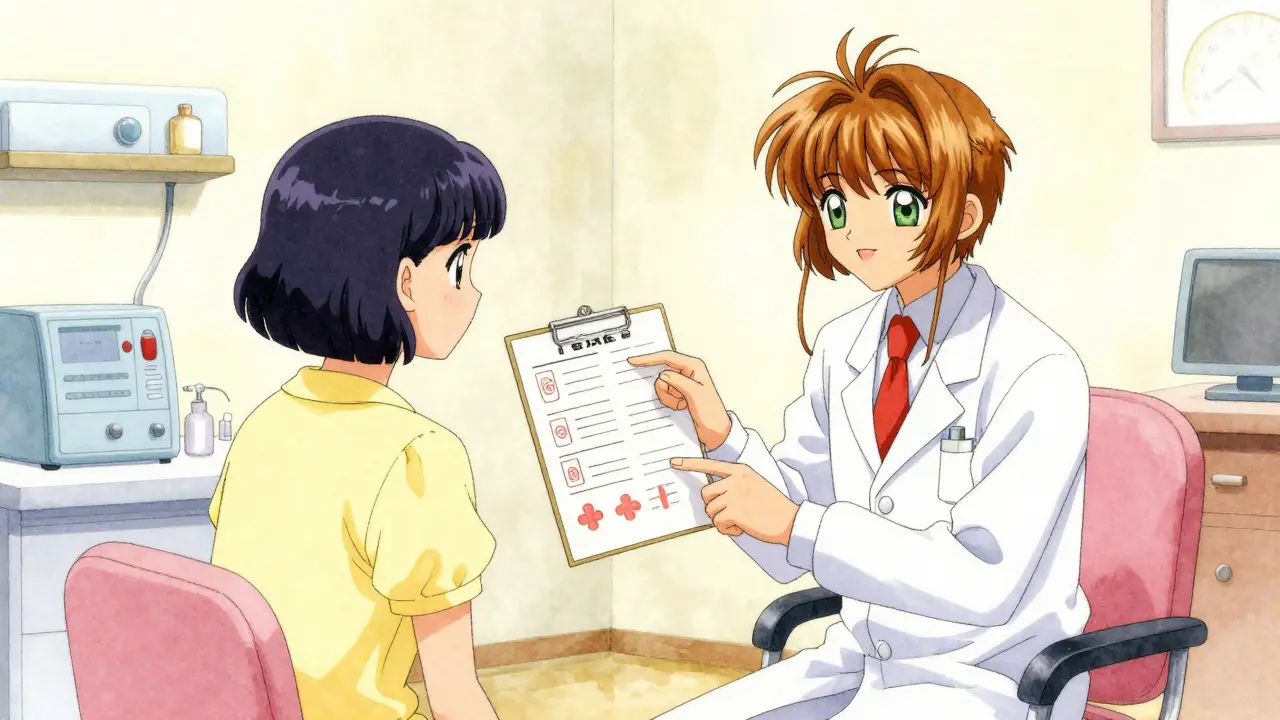 A patient and doctor discussing medication alternatives in a soft, pastel-colored clinic.