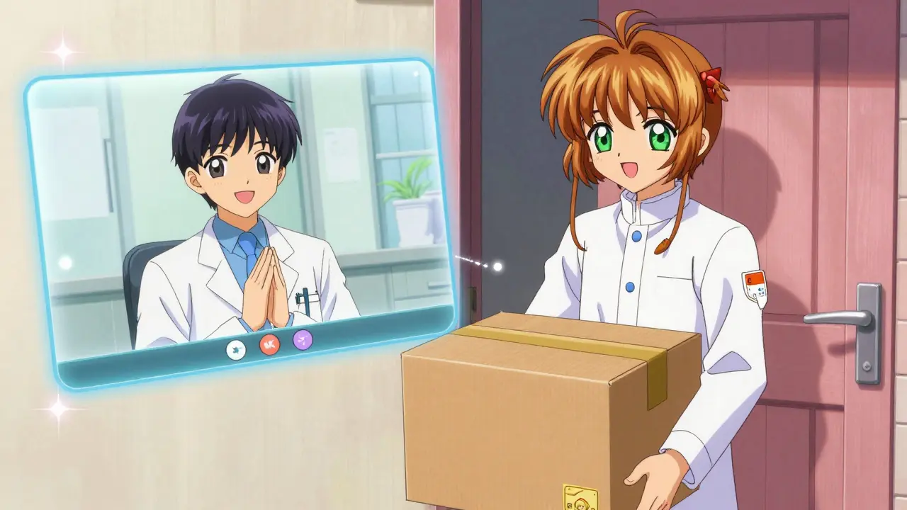 A telehealth doctor on a screen and a pharmacy package being delivered to a door.