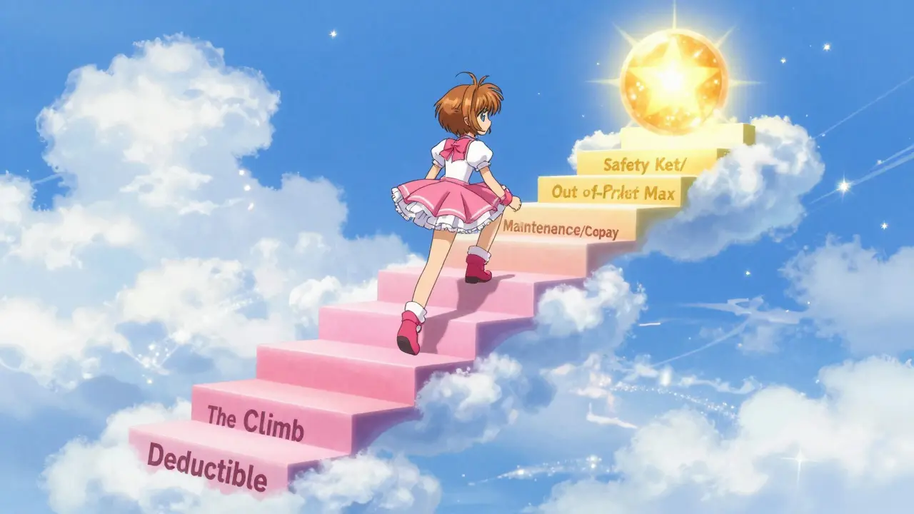 Anime character climbing a colorful cloud staircase representing therapy cost phases