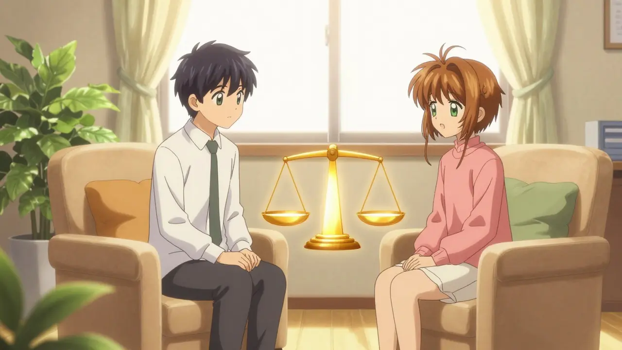 Anime scene of a therapist and patient in a cozy, sunlit office with a glowing golden bar