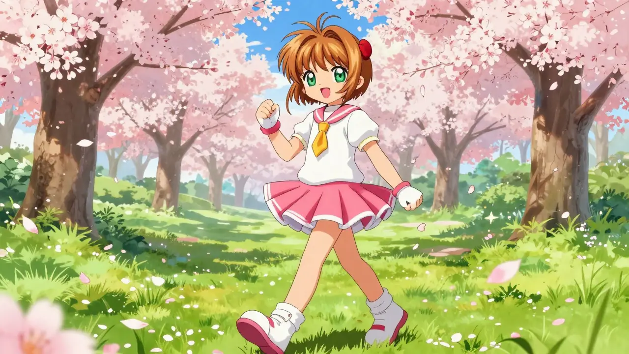 Cheerful anime character walking through a park with cherry blossoms for a healthy life