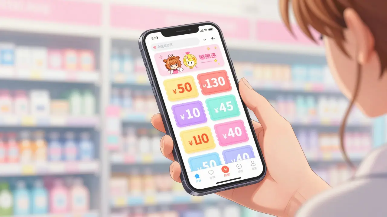 Close-up of a smartphone displaying discount coupons for medication in anime style