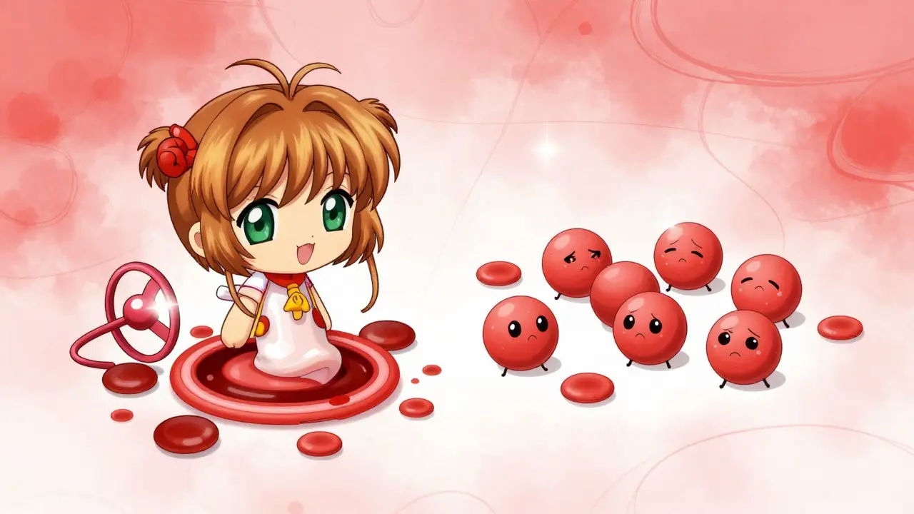 Stylized anime depiction of blood platelets and clotting factors unable to connect.
