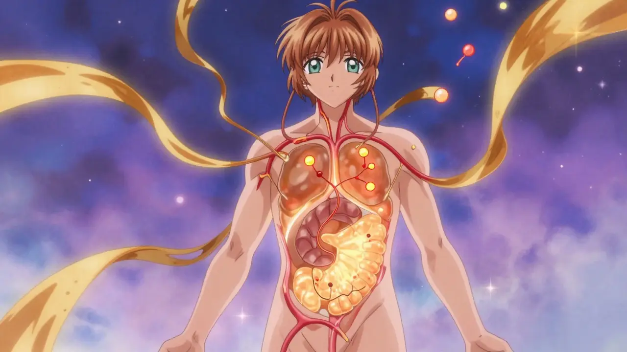 Stylized anime silhouette showing glowing visceral fat and chemical energy in the body