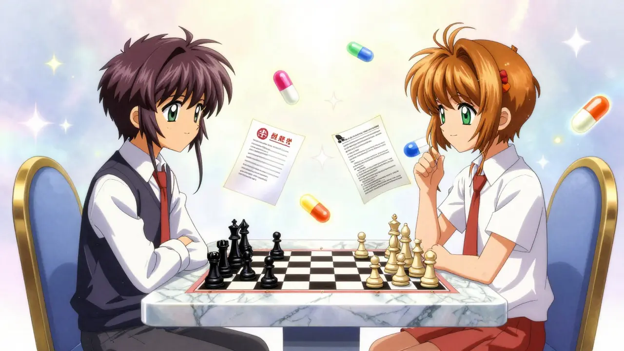 Two anime characters playing a conceptual game with glowing pills at a celestial table.