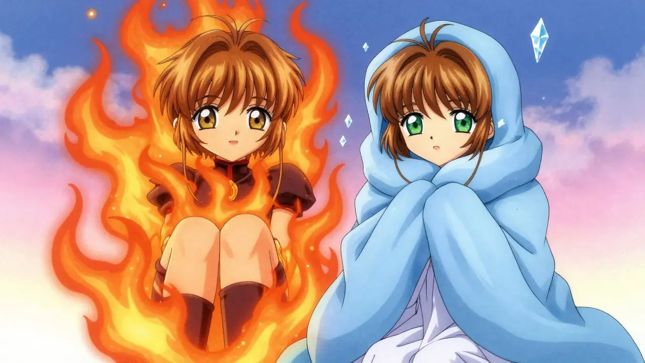 Two anime characters side-by-side, one surrounded by flames and the other by ice and blankets.