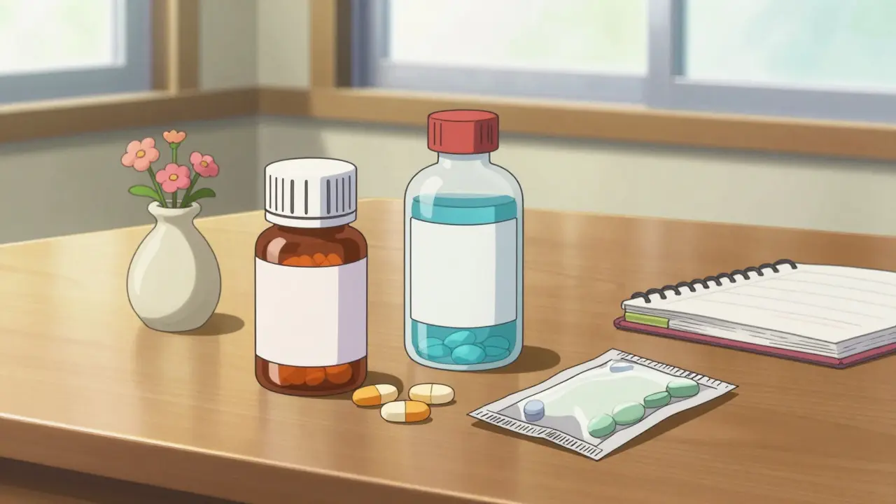 Various forms of acetaminophen including tablets and liquid on a sunny table in anime style