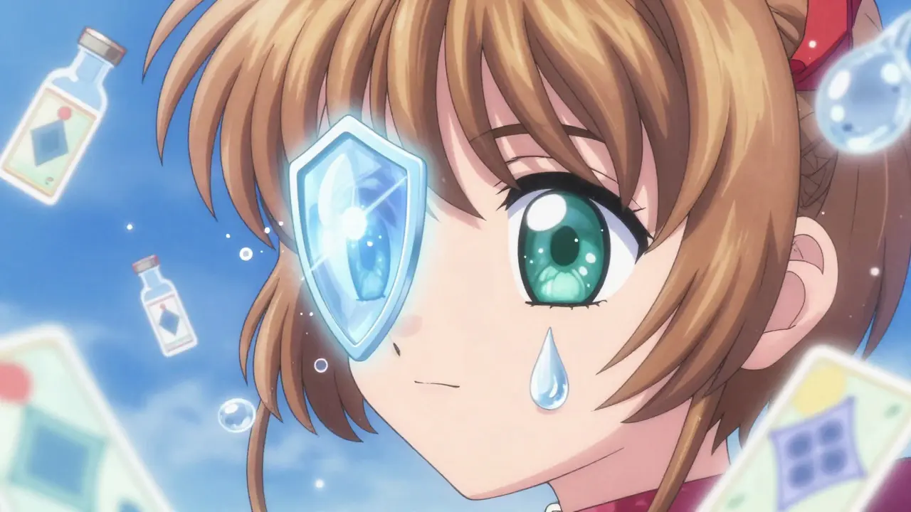A glowing tear drop forming a protective shield around a healthy eye in anime style.