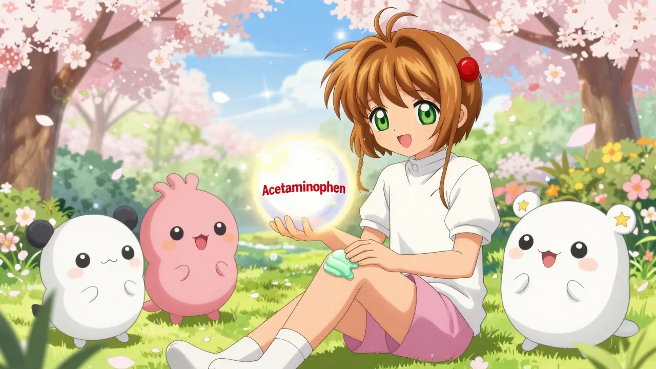 Anime style: Character using safe pain relief methods in a peaceful garden setting