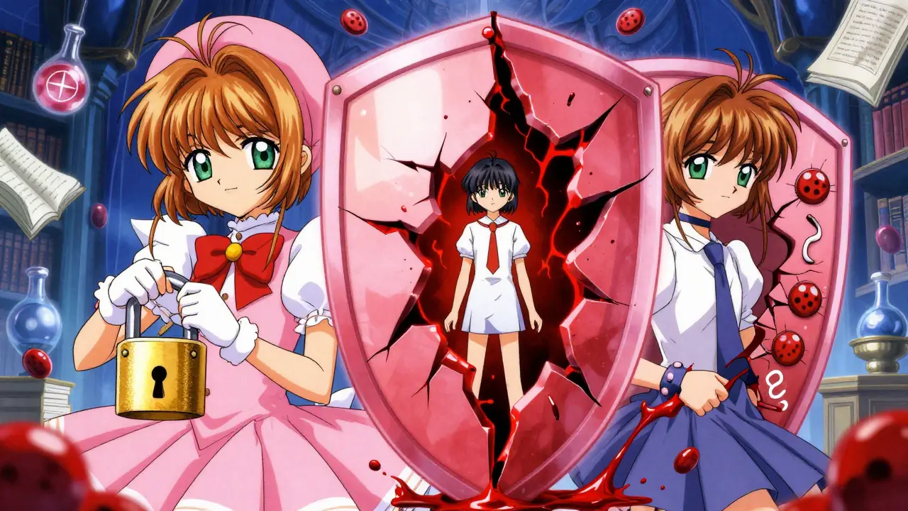 Anime style: Magical shield cracking, representing failed blood clotting mechanisms