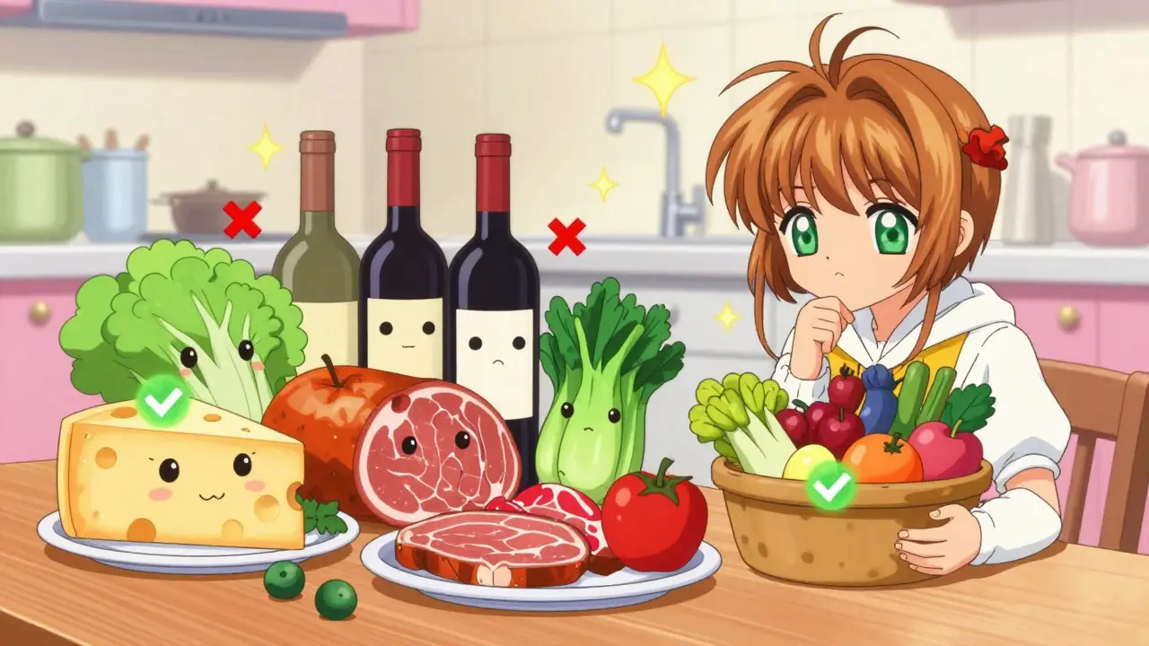 Cardcaptor Sakura style art showing safe vs unsafe foods for MAOI users