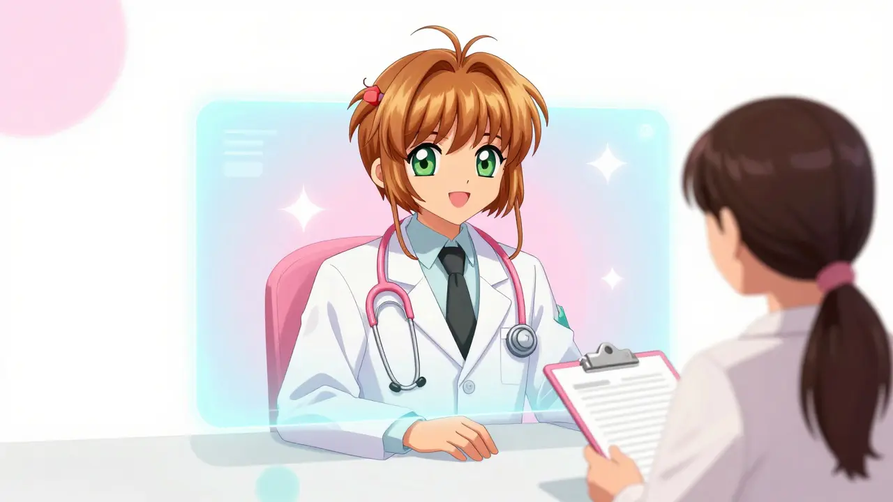 Cheerful anime doctor consulting a patient via telehealth screen with sparkles.