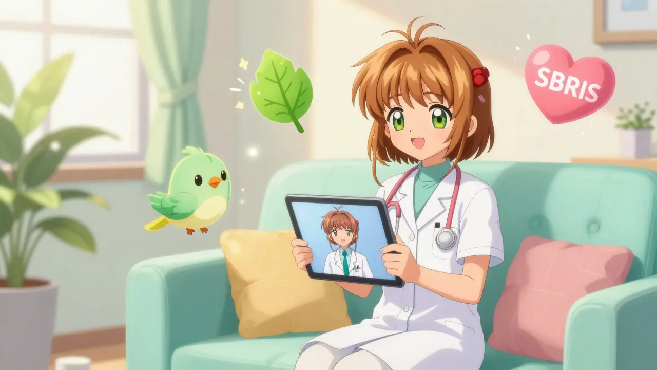 Cheerful anime woman doing telehealth consult with magical aids