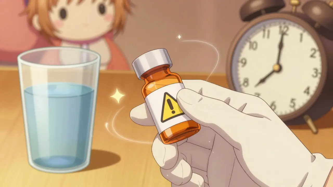 Close-up of a pill bottle and water glass with magical safety effects in anime style.