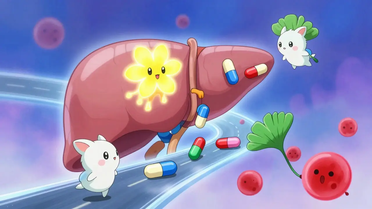 Cute anime enzymes processing pills in a glowing liver highway