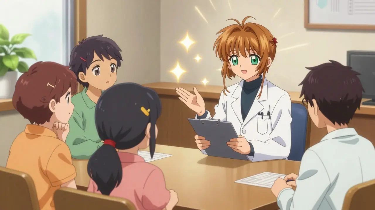Doctor explaining medication choices to attentive patients in an office