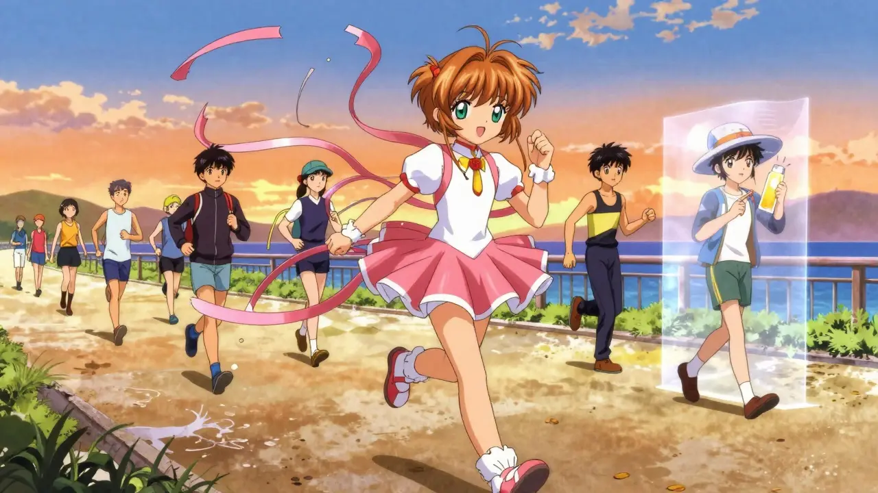 Friends jogging on a beach path with magical ribbons