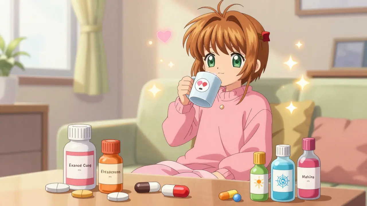 Happy patient recovering with various antibiotic forms nearby