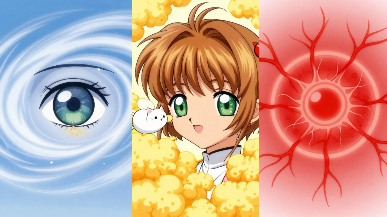 Magical anime visuals depicting dryness, allergy pollen, and redness as distinct spirits.