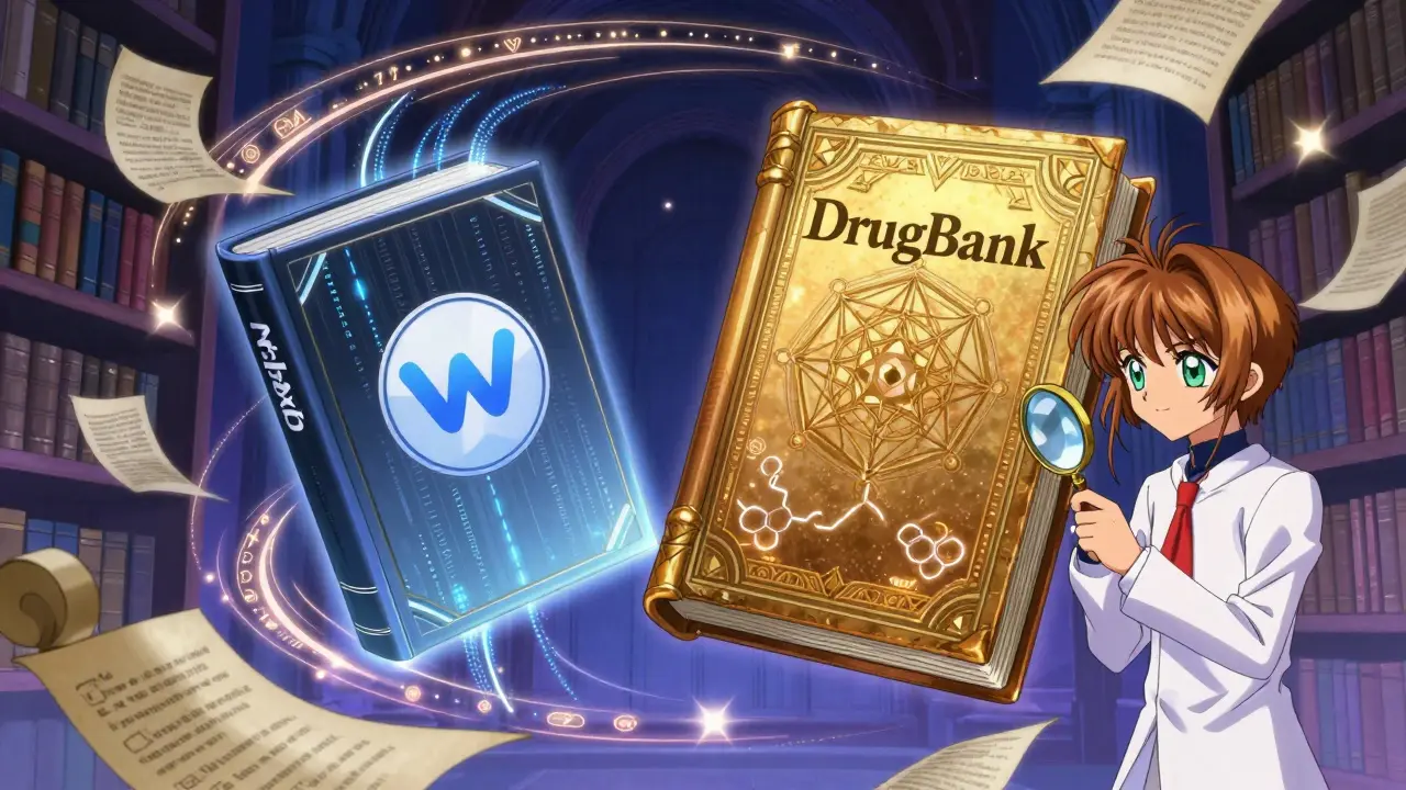 Magical books representing WebMD and DrugBank in a mystical library