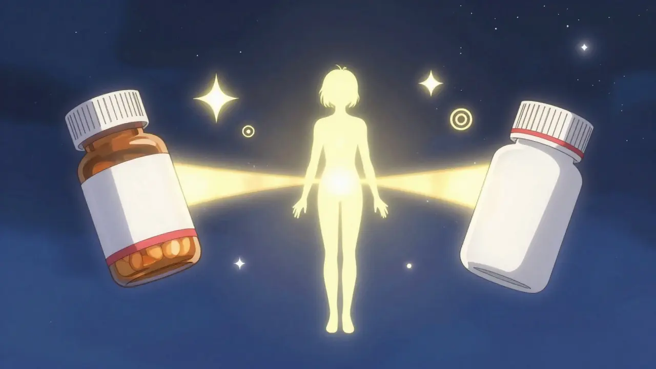 Magical illustration showing two pills connected by golden light beams