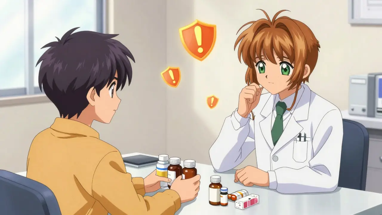 Patient showing supplement bottles to a doctor in a clinic