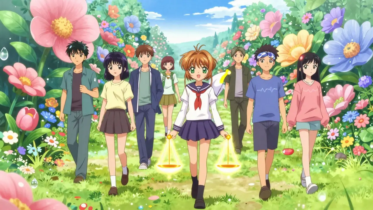 People walking on garden path with glowing auras of health and wellness