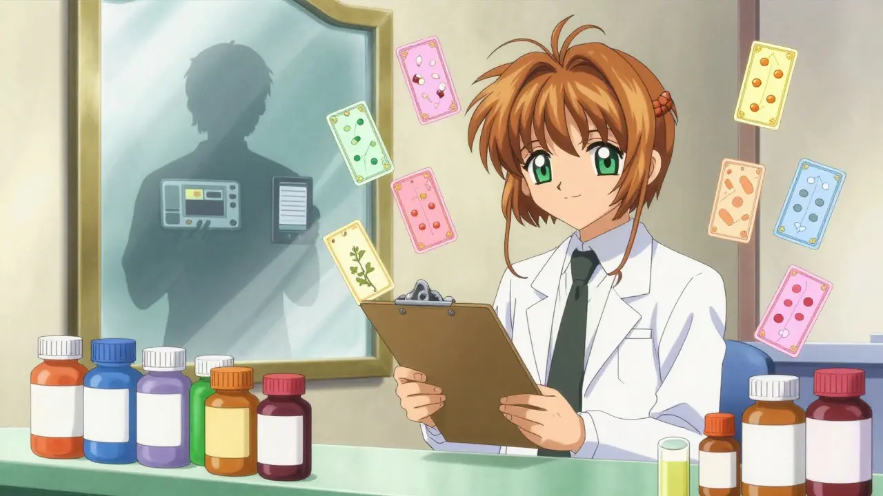 Reassuring pharmacist with floating magic cards resolving drug issues