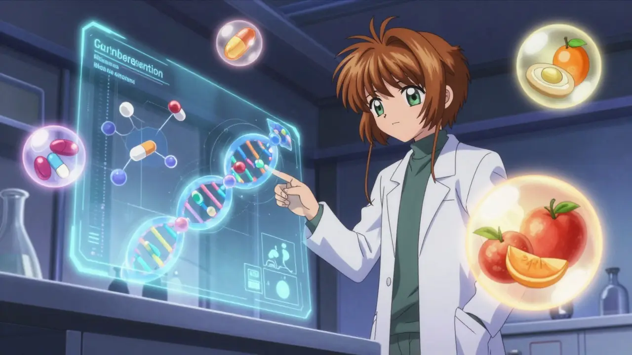 Scientist reviewing DNA data with floating health orbs