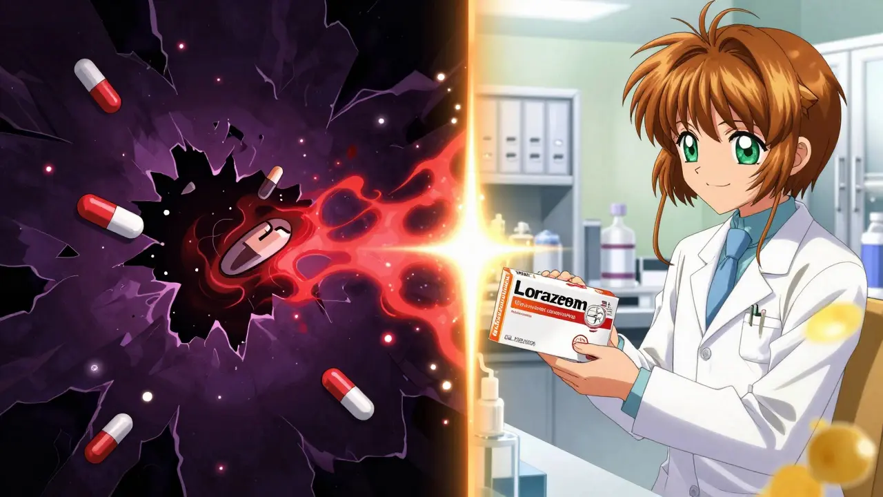 Split scene: dark fake pills vs bright safe pharmacy counter