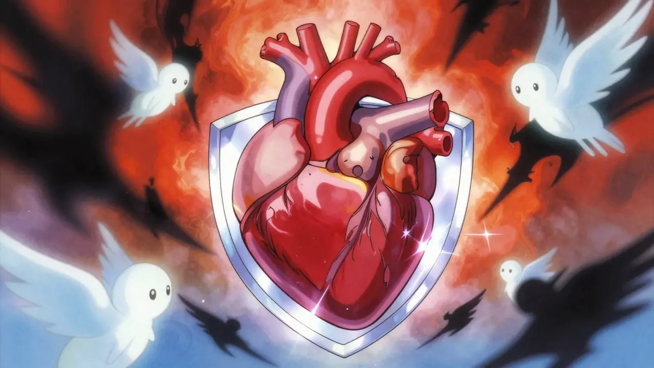 Stylized heart protected by light shield against dark shadows in anime art