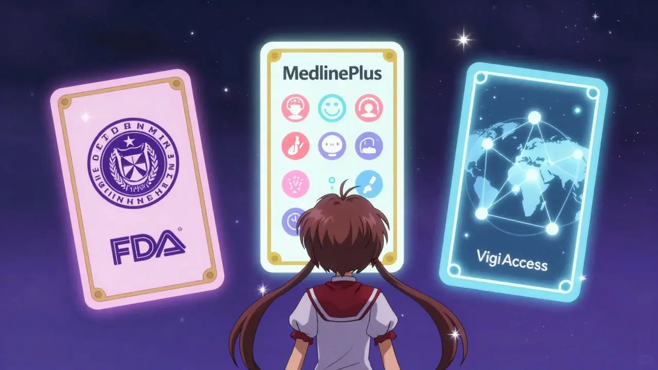 Three magical cards representing drug databases floating in space