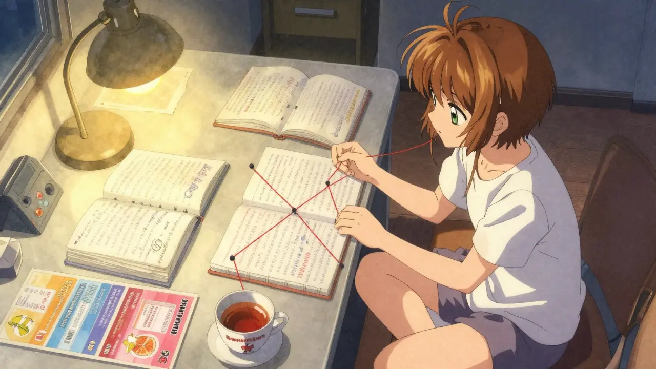 Woman connecting research notes on a desk with red string