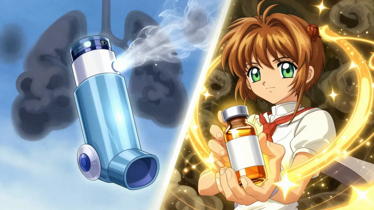 Anime character holding modern inhaler and healing vials