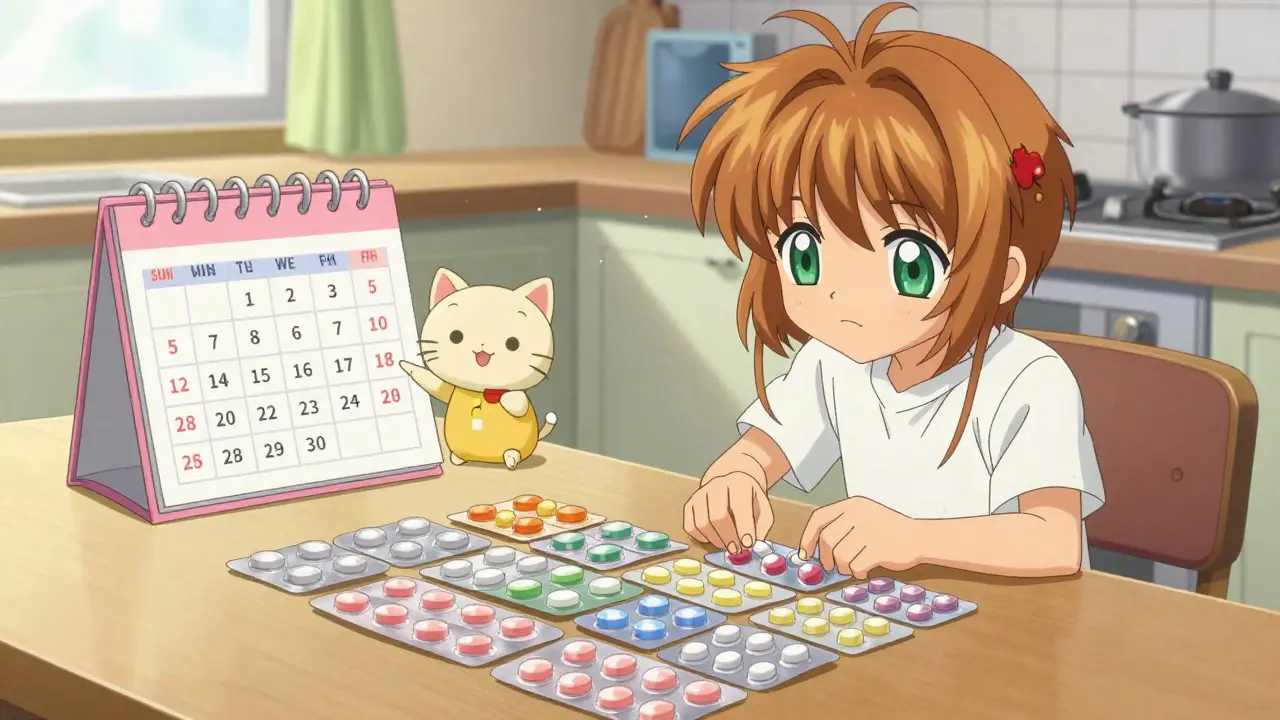 Anime character organizing medication packs on table with cat mascot checking calendar